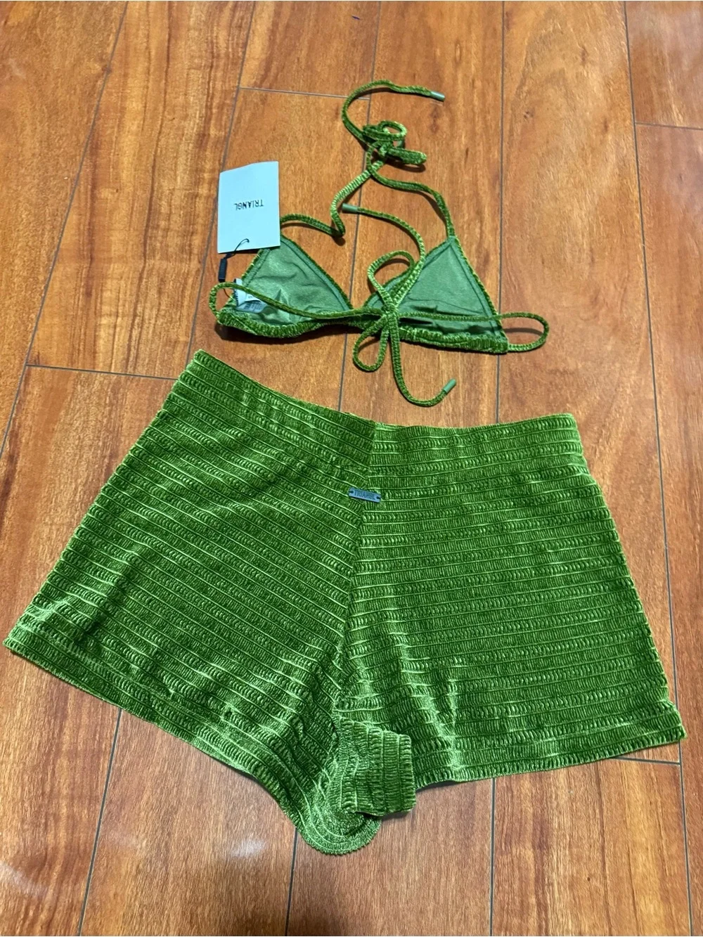 REPOP triangl swimwear Green Velvet Textured Bikini Top & Shorts Set